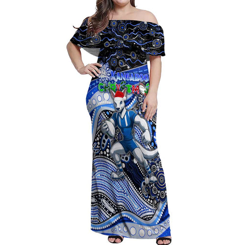 Merry Christmas AFL Kangaroos Off Shoulder Maxi Dress Aboriginal Santa Football Mascot