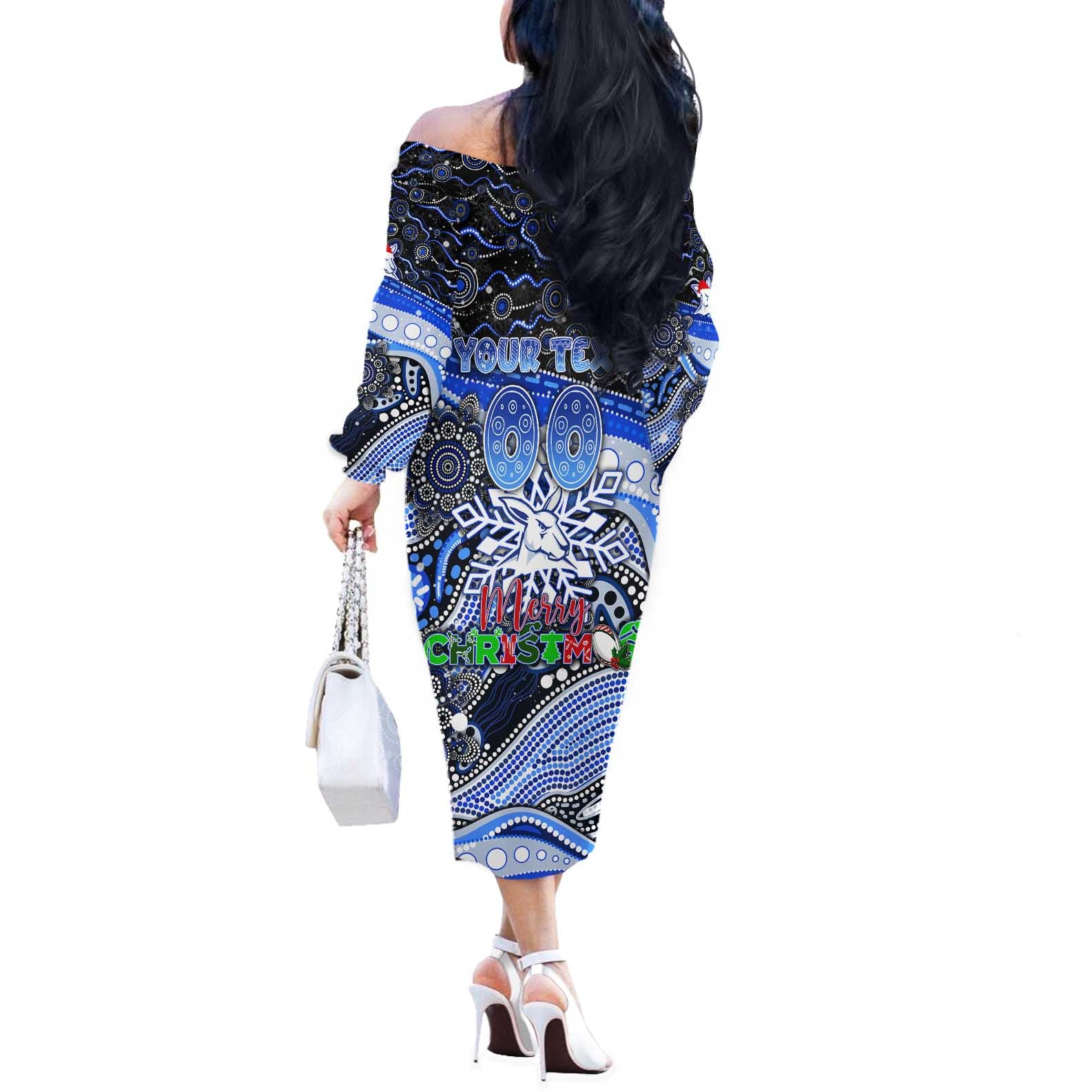 Merry Christmas AFL Kangaroos Off The Shoulder Long Sleeve Dress Aboriginal Santa Football Mascot