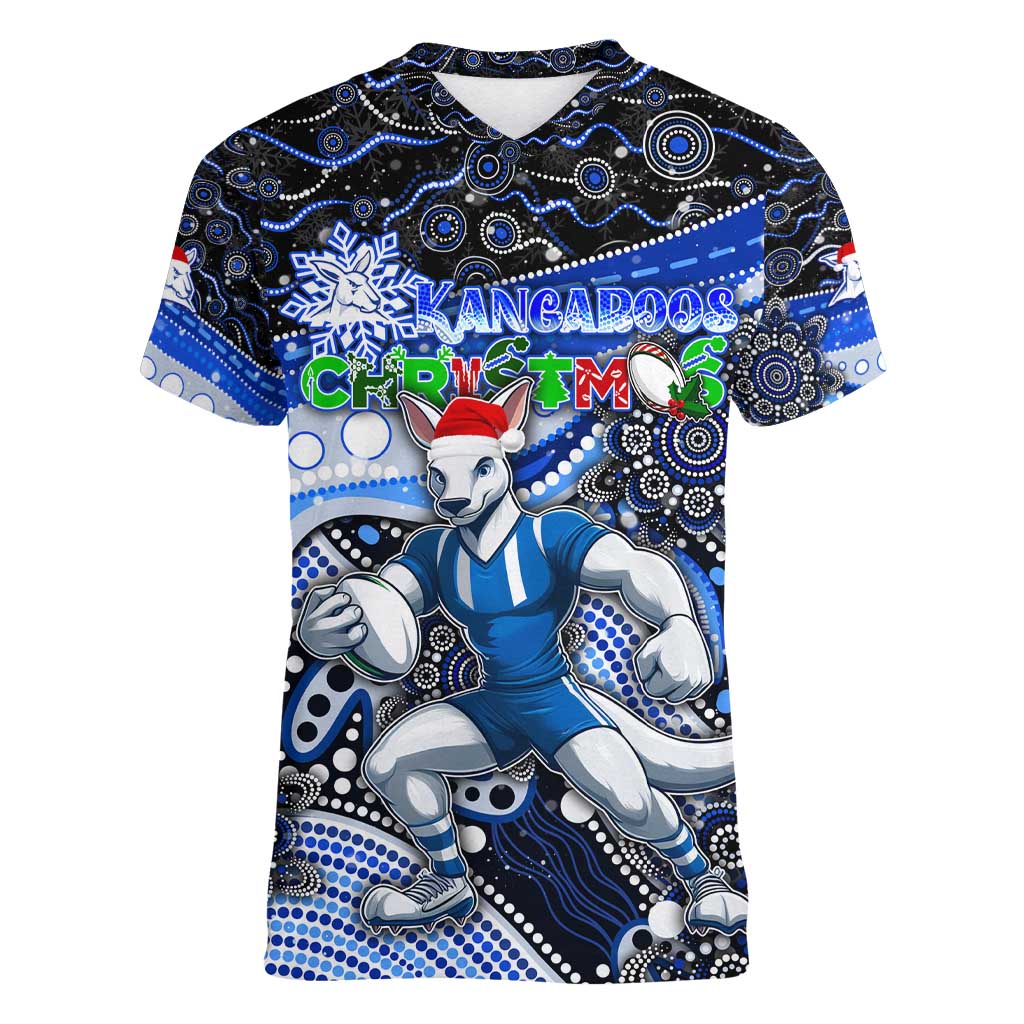 Merry Christmas AFL Kangaroos Women V-Neck T-Shirt Aboriginal Santa Football Mascot