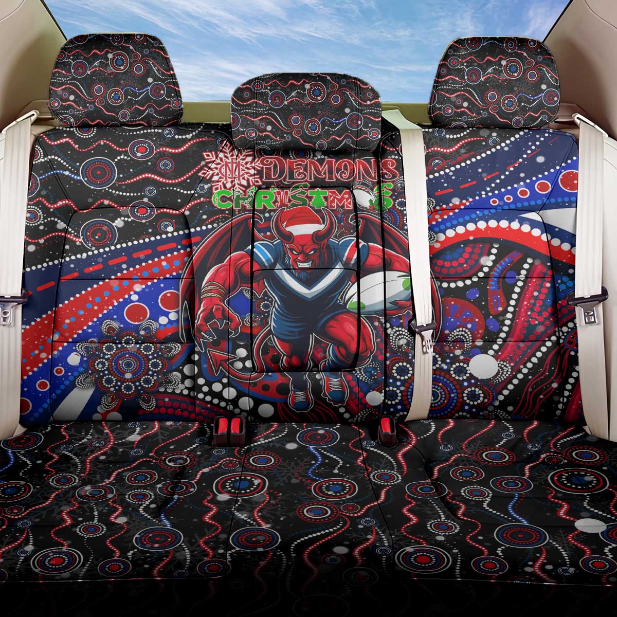 Merry Christmas AFL Demons Back Car Seat Cover Aboriginal Santa Football Mascot