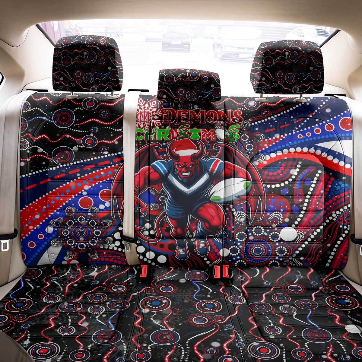 Merry Christmas AFL Demons Back Car Seat Cover Aboriginal Santa Football Mascot