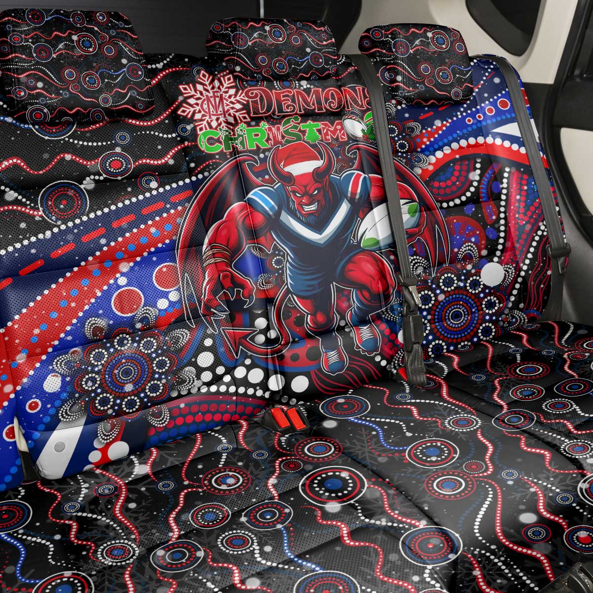 Merry Christmas AFL Demons Back Car Seat Cover Aboriginal Santa Football Mascot