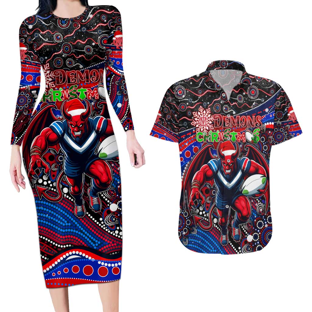 Merry Christmas AFL Demons Couples Matching Long Sleeve Bodycon Dress and Hawaiian Shirt Aboriginal Santa Football Mascot