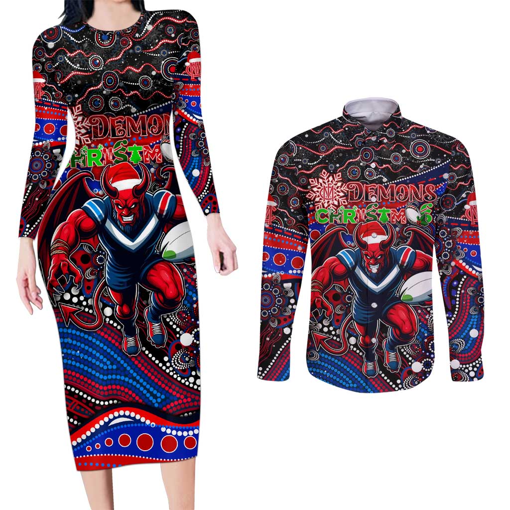 Merry Christmas AFL Demons Couples Matching Long Sleeve Bodycon Dress and Long Sleeve Button Shirt Aboriginal Santa Football Mascot
