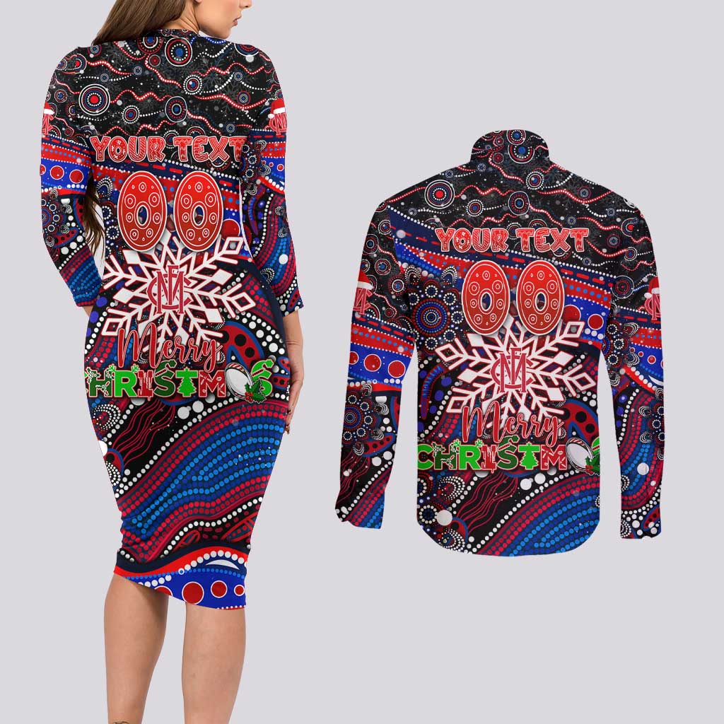 Merry Christmas AFL Demons Couples Matching Long Sleeve Bodycon Dress and Long Sleeve Button Shirt Aboriginal Santa Football Mascot