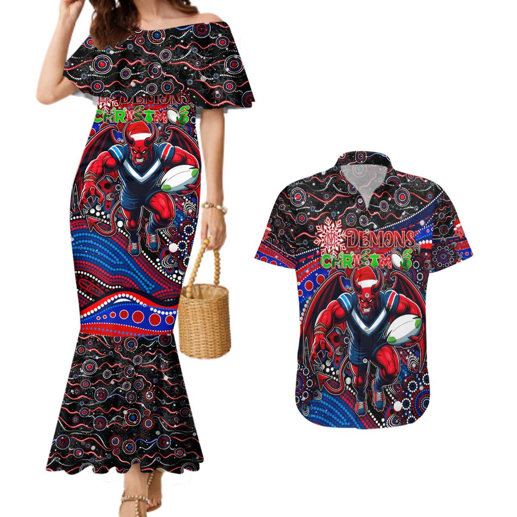 Merry Christmas AFL Demons Couples Matching Mermaid Dress and Hawaiian Shirt Aboriginal Santa Football Mascot