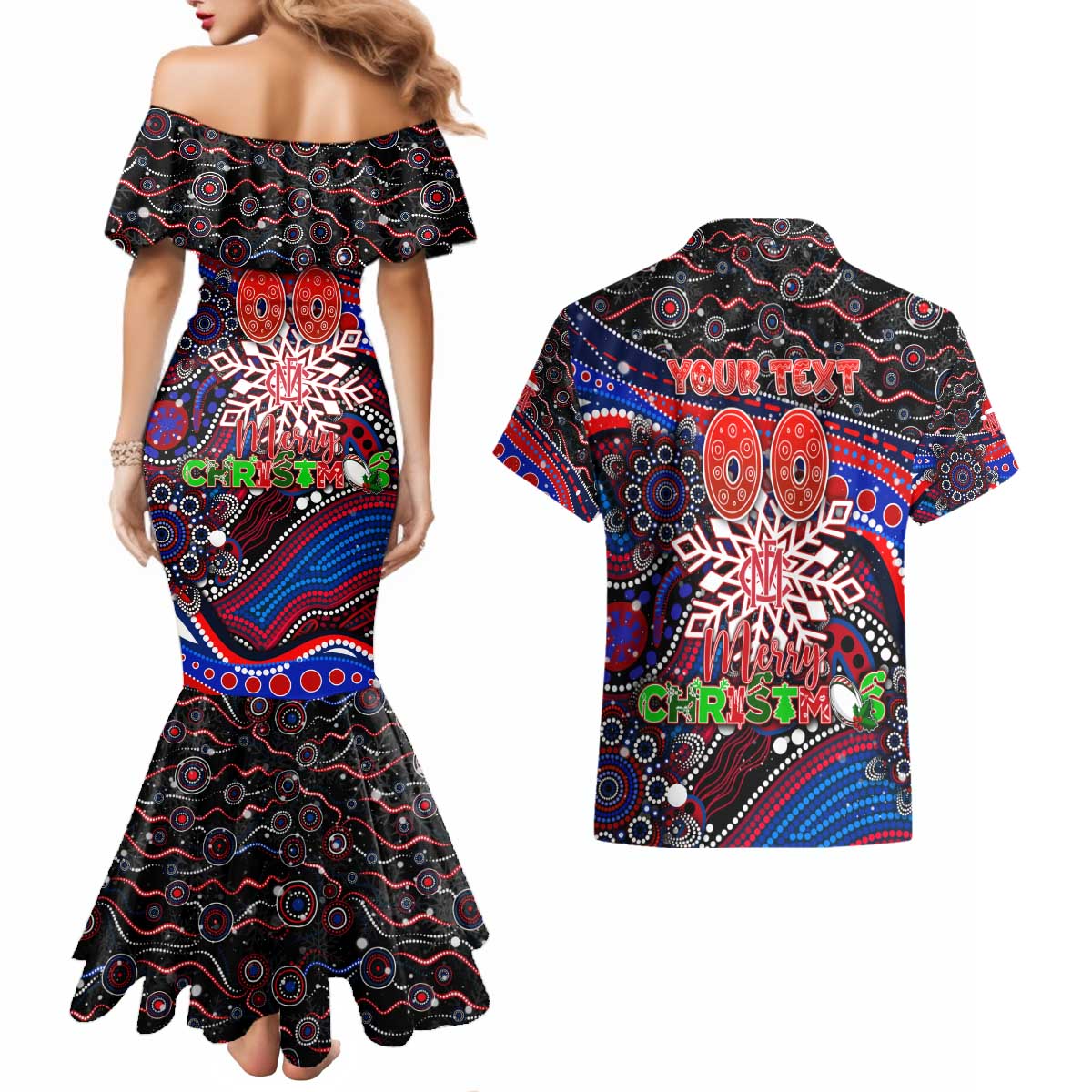 Merry Christmas AFL Demons Couples Matching Mermaid Dress and Hawaiian Shirt Aboriginal Santa Football Mascot