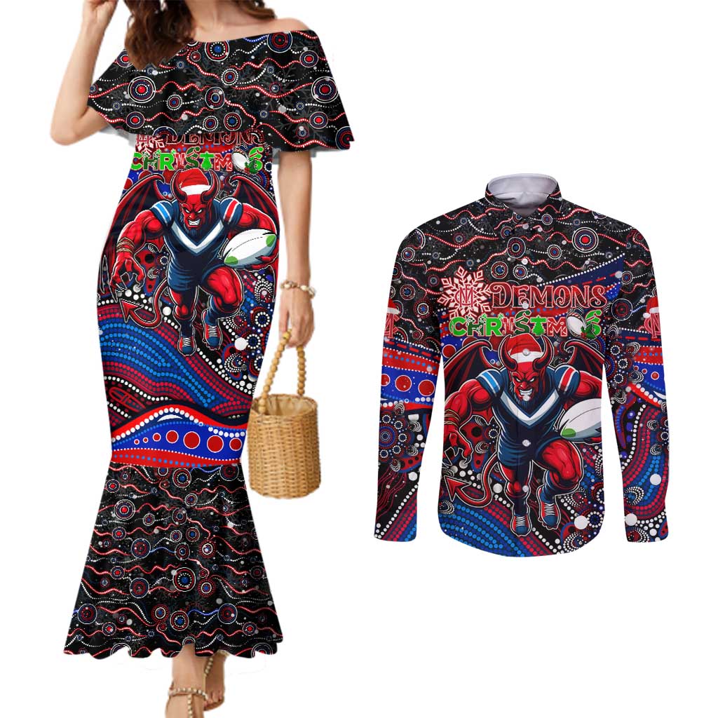 Merry Christmas AFL Demons Couples Matching Mermaid Dress and Long Sleeve Button Shirt Aboriginal Santa Football Mascot