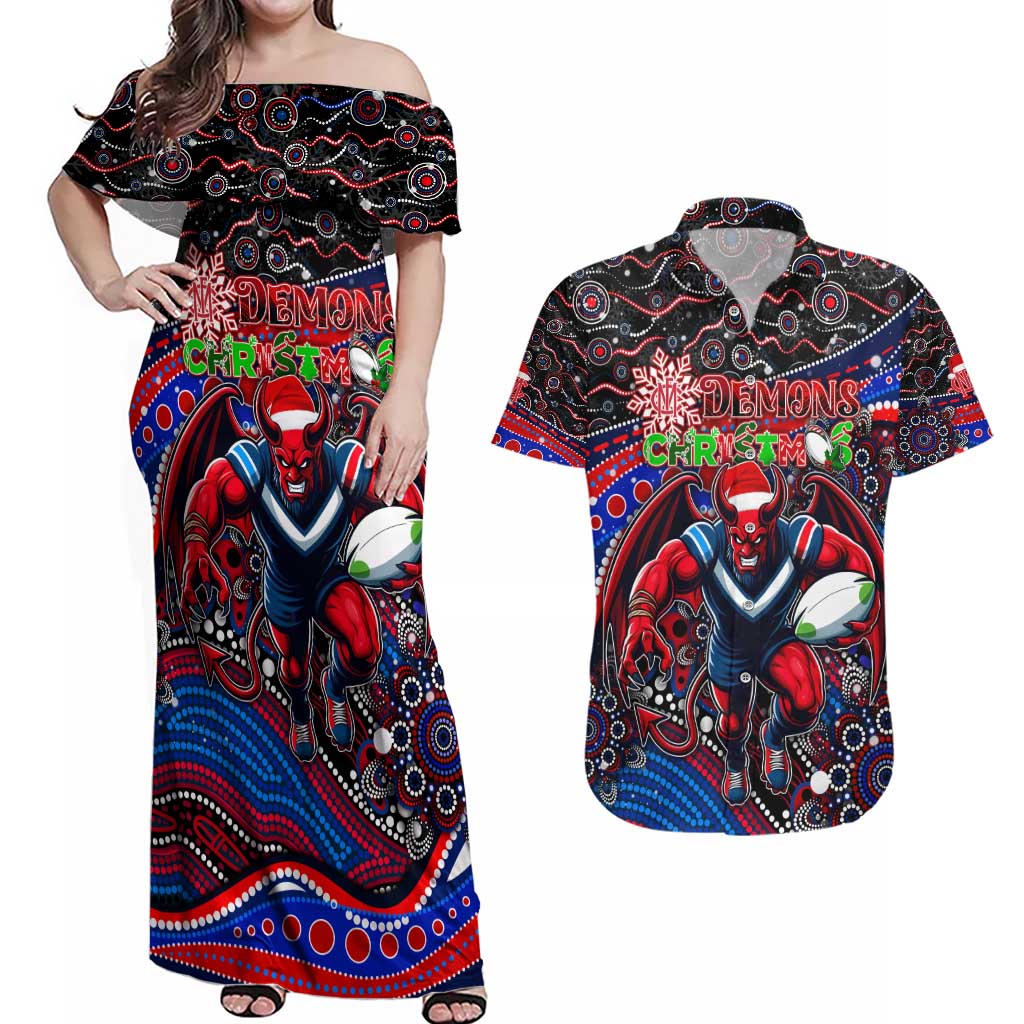 Merry Christmas AFL Demons Couples Matching Off Shoulder Maxi Dress and Hawaiian Shirt Aboriginal Santa Football Mascot