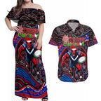 Merry Christmas AFL Demons Couples Matching Off Shoulder Maxi Dress and Hawaiian Shirt Aboriginal Santa Football Mascot
