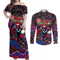 Merry Christmas AFL Demons Couples Matching Off Shoulder Maxi Dress and Long Sleeve Button Shirt Aboriginal Santa Football Mascot