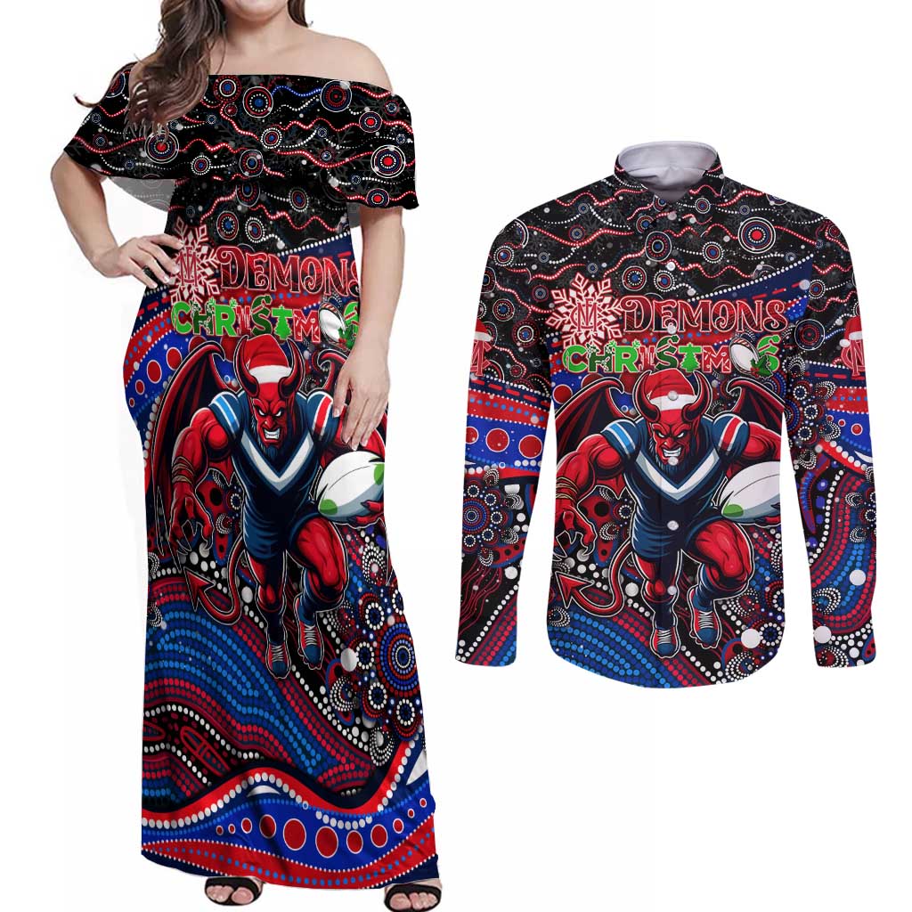 Merry Christmas AFL Demons Couples Matching Off Shoulder Maxi Dress and Long Sleeve Button Shirt Aboriginal Santa Football Mascot