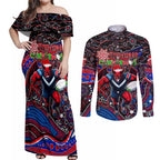 Merry Christmas AFL Demons Couples Matching Off Shoulder Maxi Dress and Long Sleeve Button Shirt Aboriginal Santa Football Mascot