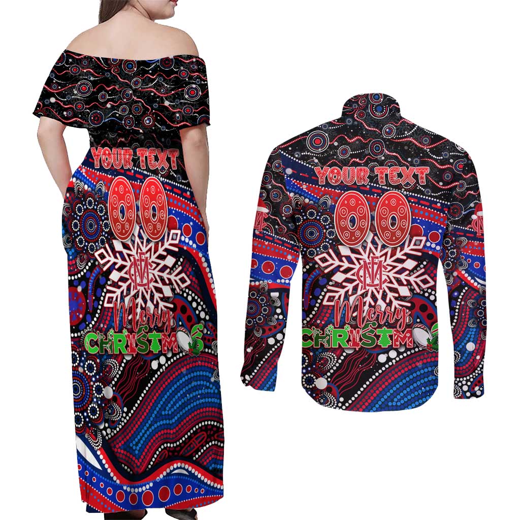 Merry Christmas AFL Demons Couples Matching Off Shoulder Maxi Dress and Long Sleeve Button Shirt Aboriginal Santa Football Mascot