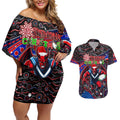 Merry Christmas AFL Demons Couples Matching Off Shoulder Short Dress and Hawaiian Shirt Aboriginal Santa Football Mascot