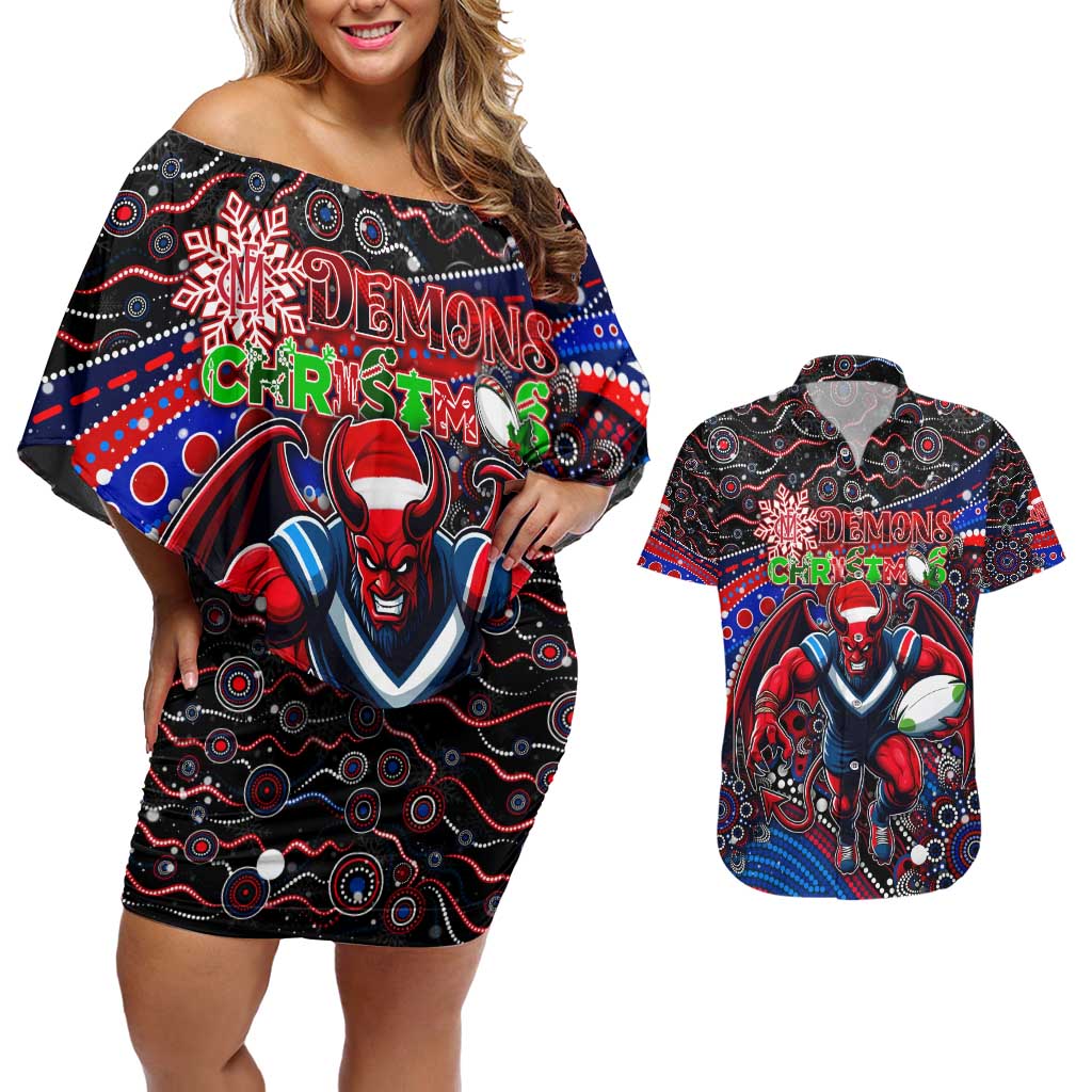 Merry Christmas AFL Demons Couples Matching Off Shoulder Short Dress and Hawaiian Shirt Aboriginal Santa Football Mascot
