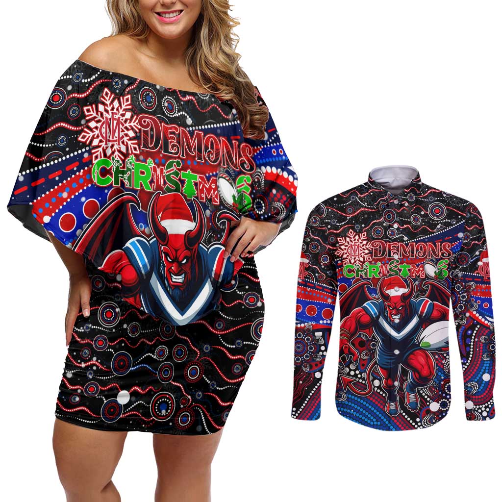 Merry Christmas AFL Demons Couples Matching Off Shoulder Short Dress and Long Sleeve Button Shirt Aboriginal Santa Football Mascot