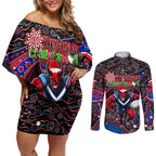 Merry Christmas AFL Demons Couples Matching Off Shoulder Short Dress and Long Sleeve Button Shirt Aboriginal Santa Football Mascot
