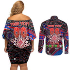 Merry Christmas AFL Demons Couples Matching Off Shoulder Short Dress and Long Sleeve Button Shirt Aboriginal Santa Football Mascot