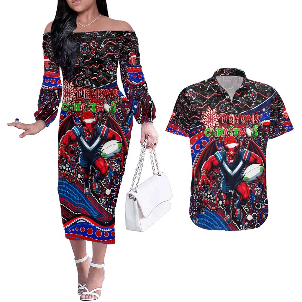 Merry Christmas AFL Demons Couples Matching Off The Shoulder Long Sleeve Dress and Hawaiian Shirt Aboriginal Santa Football Mascot