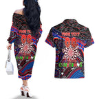 Merry Christmas AFL Demons Couples Matching Off The Shoulder Long Sleeve Dress and Hawaiian Shirt Aboriginal Santa Football Mascot