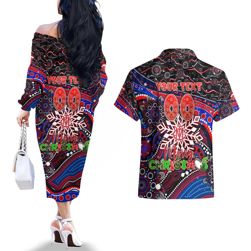 Merry Christmas AFL Demons Couples Matching Off The Shoulder Long Sleeve Dress and Hawaiian Shirt Aboriginal Santa Football Mascot