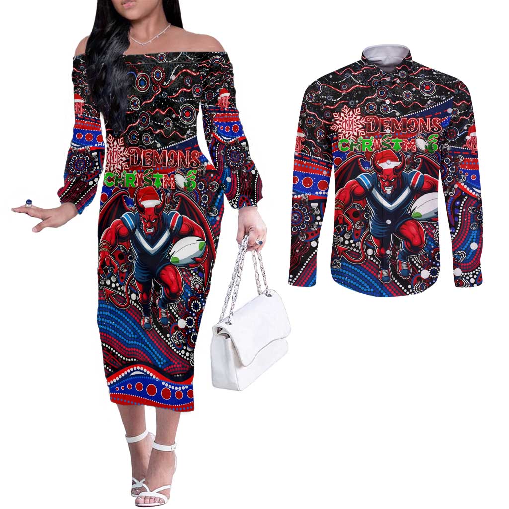 Merry Christmas AFL Demons Couples Matching Off The Shoulder Long Sleeve Dress and Long Sleeve Button Shirt Aboriginal Santa Football Mascot