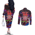 Merry Christmas AFL Demons Couples Matching Off The Shoulder Long Sleeve Dress and Long Sleeve Button Shirt Aboriginal Santa Football Mascot