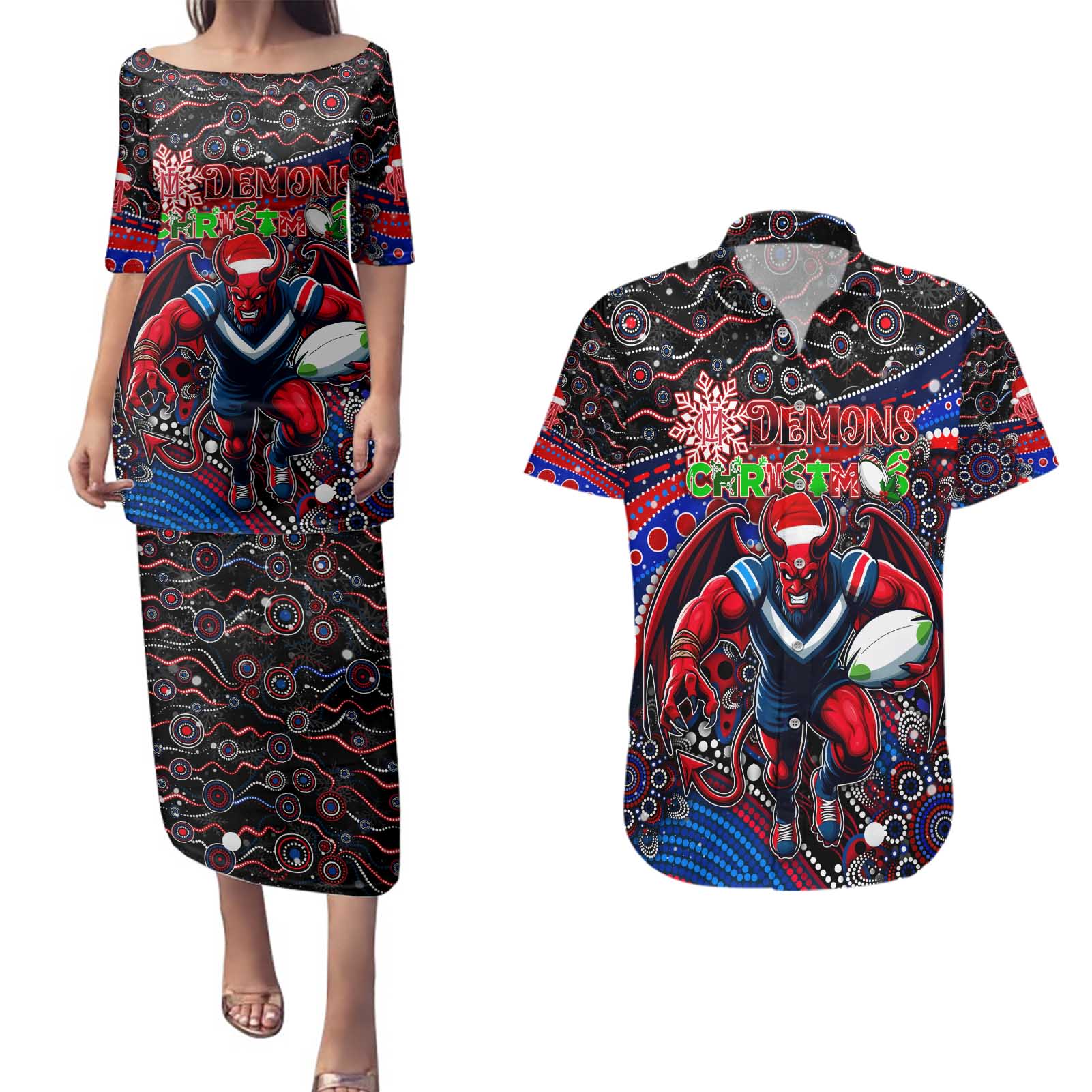 Merry Christmas AFL Demons Couples Matching Puletasi and Hawaiian Shirt Aboriginal Santa Football Mascot