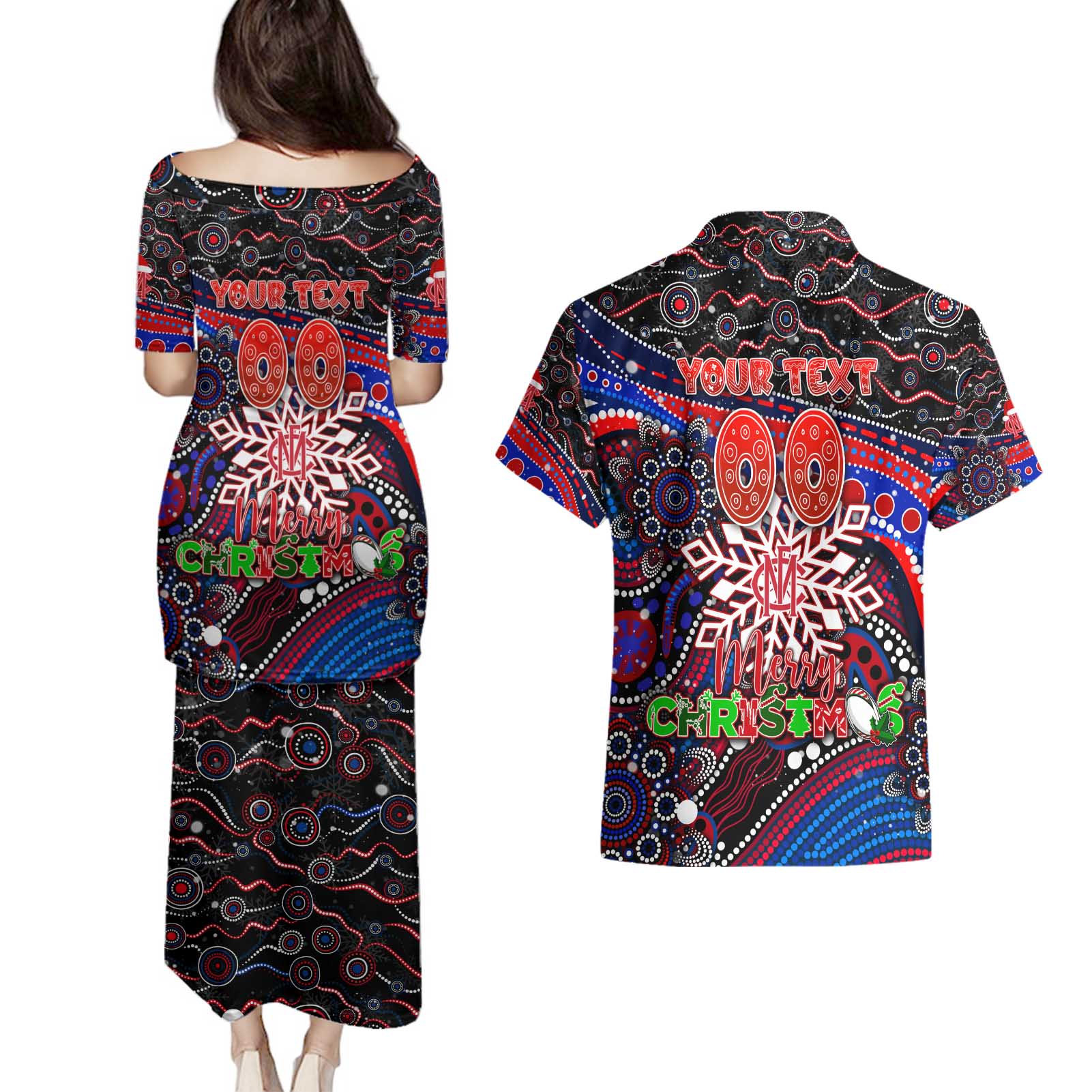 Merry Christmas AFL Demons Couples Matching Puletasi and Hawaiian Shirt Aboriginal Santa Football Mascot