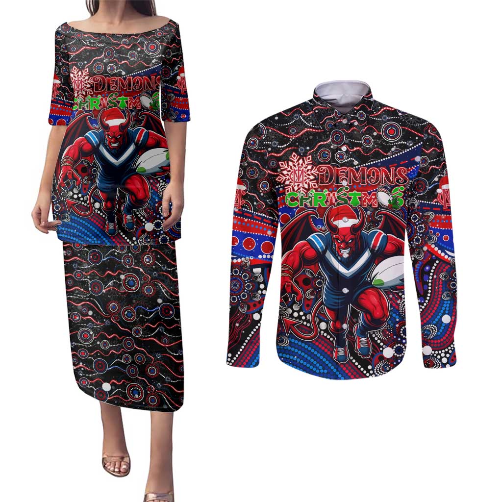 Merry Christmas AFL Demons Couples Matching Puletasi and Long Sleeve Button Shirt Aboriginal Santa Football Mascot
