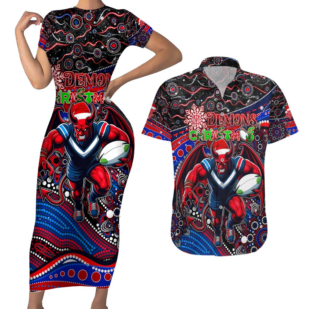 Merry Christmas AFL Demons Couples Matching Short Sleeve Bodycon Dress and Hawaiian Shirt Aboriginal Santa Football Mascot