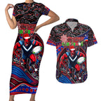 Merry Christmas AFL Demons Couples Matching Short Sleeve Bodycon Dress and Hawaiian Shirt Aboriginal Santa Football Mascot