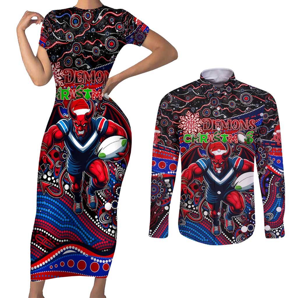 Merry Christmas AFL Demons Couples Matching Short Sleeve Bodycon Dress and Long Sleeve Button Shirt Aboriginal Santa Football Mascot