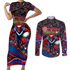 Merry Christmas AFL Demons Couples Matching Short Sleeve Bodycon Dress and Long Sleeve Button Shirt Aboriginal Santa Football Mascot