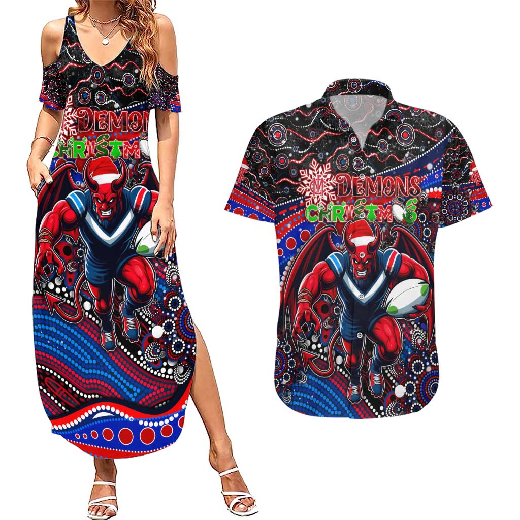 Merry Christmas AFL Demons Couples Matching Summer Maxi Dress and Hawaiian Shirt Aboriginal Santa Football Mascot
