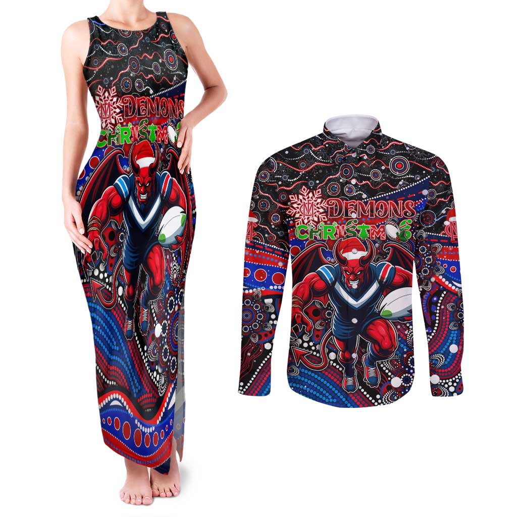 Merry Christmas AFL Demons Couples Matching Tank Maxi Dress and Long Sleeve Button Shirt Aboriginal Santa Football Mascot