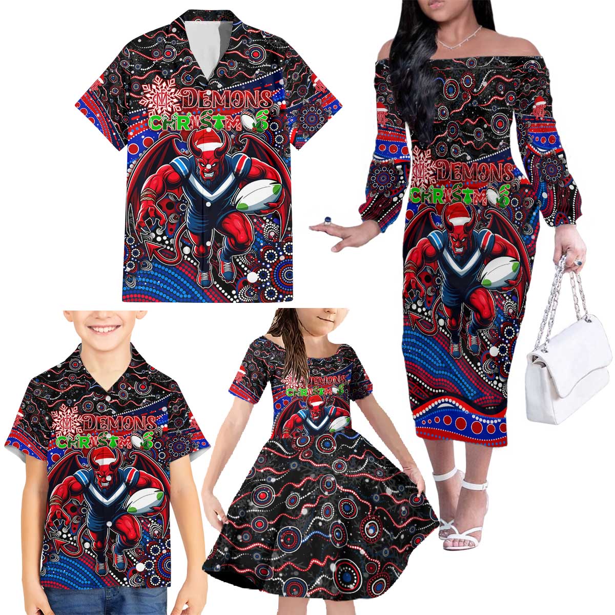 Merry Christmas AFL Demons Family Matching Off The Shoulder Long Sleeve Dress and Hawaiian Shirt Aboriginal Santa Football Mascot