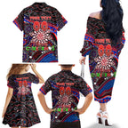 Merry Christmas AFL Demons Family Matching Off The Shoulder Long Sleeve Dress and Hawaiian Shirt Aboriginal Santa Football Mascot