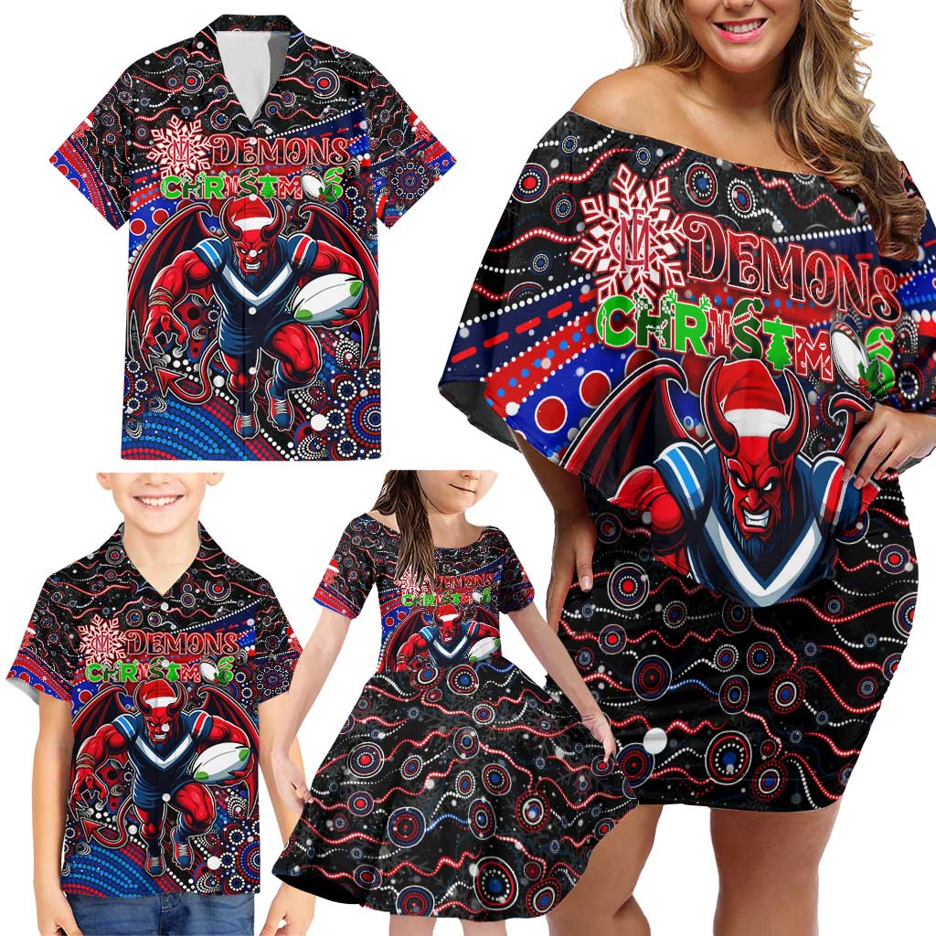 Merry Christmas AFL Demons Family Matching Off Shoulder Short Dress and Hawaiian Shirt Aboriginal Santa Football Mascot