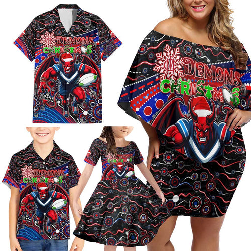 Merry Christmas AFL Demons Family Matching Off Shoulder Short Dress and Hawaiian Shirt Aboriginal Santa Football Mascot
