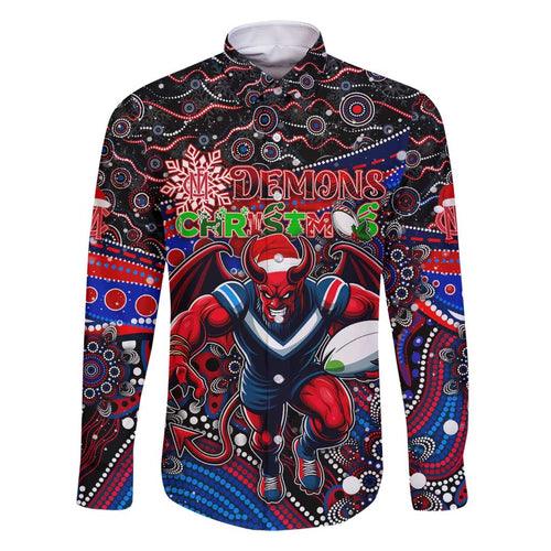 Merry Christmas AFL Demons Family Matching Off Shoulder Short Dress and Hawaiian Shirt Aboriginal Santa Football Mascot