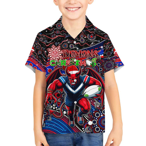 Merry Christmas AFL Demons Family Matching Off Shoulder Short Dress and Hawaiian Shirt Aboriginal Santa Football Mascot
