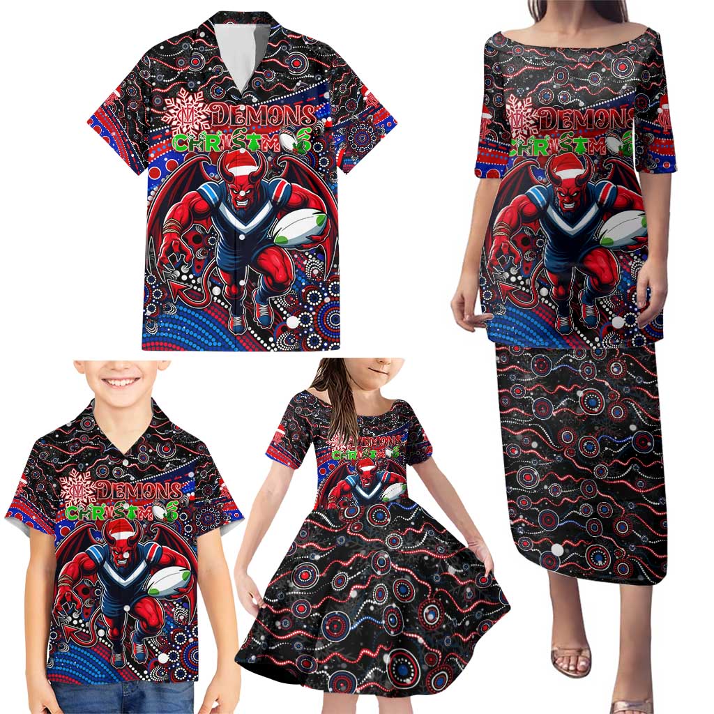 Merry Christmas AFL Demons Family Matching Puletasi and Hawaiian Shirt Aboriginal Santa Football Mascot