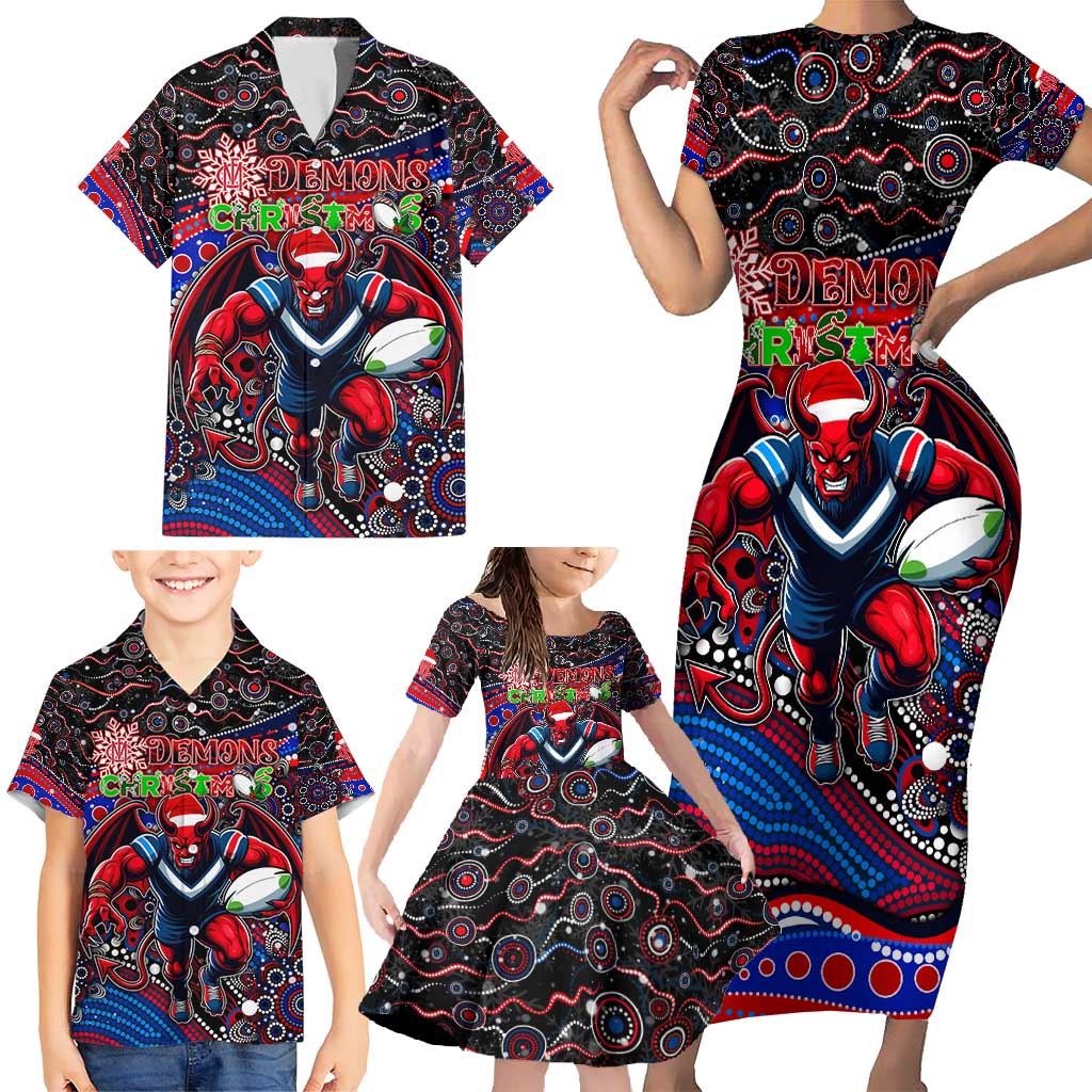 Merry Christmas AFL Demons Family Matching Short Sleeve Bodycon Dress and Hawaiian Shirt Aboriginal Santa Football Mascot
