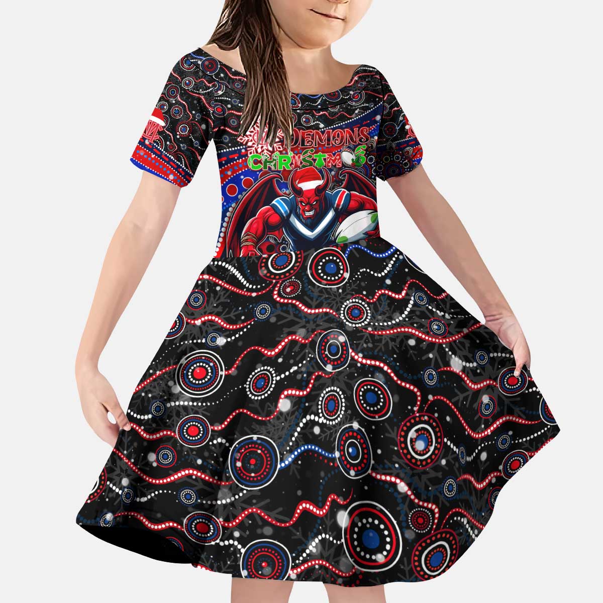 Merry Christmas AFL Demons Kid Short Sleeve Dress Aboriginal Santa Football Mascot