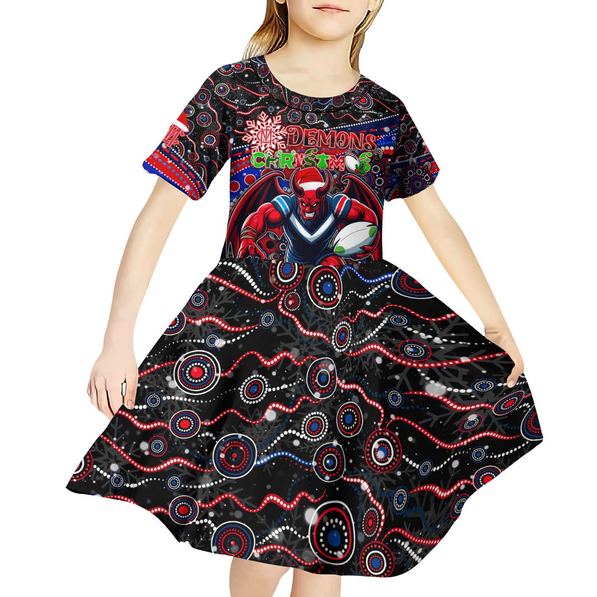 Merry Christmas AFL Demons Kid Short Sleeve Dress Aboriginal Santa Football Mascot