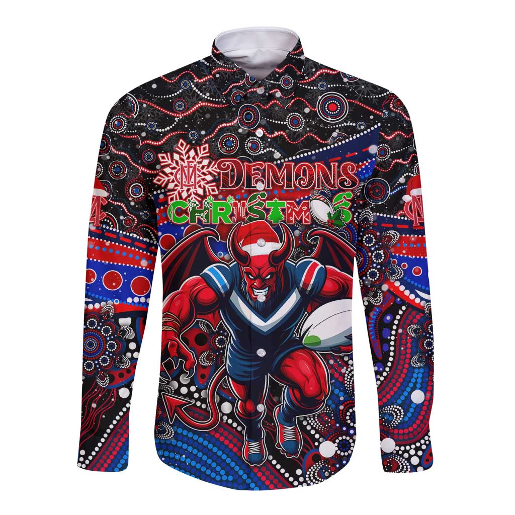 Merry Christmas AFL Demons Long Sleeve Button Shirt Aboriginal Santa Football Mascot