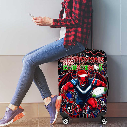 Merry Christmas AFL Demons Luggage Cover Aboriginal Santa Football Mascot