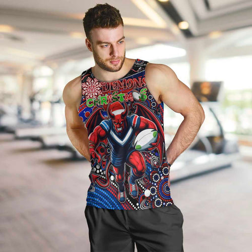 Merry Christmas AFL Demons Men Tank Top Aboriginal Santa Football Mascot